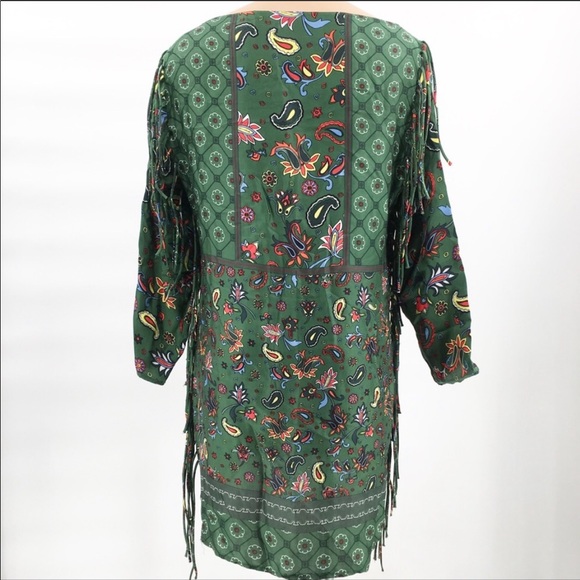 Zara Woman Green Paisley Print Fringe Tunic Dress - Picture 4 of 8